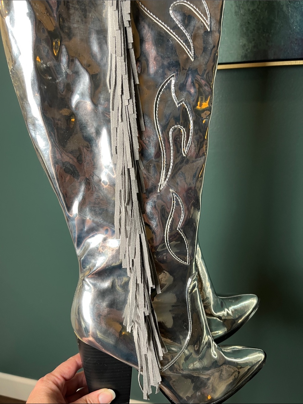 Silver Metallic Over-the-Knee Block Heel Cowgirl Boots - Picture 4 of 9